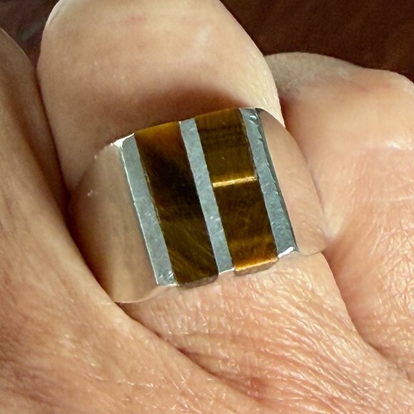 Vintage Mexican Sterling Silver Tiger’s Eye Ring – Size 8 Modernist Design - Picture 10 of 11